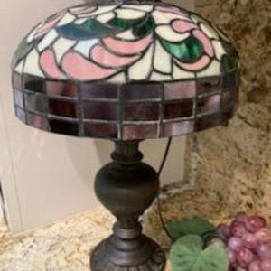 STAINED GLASS lamp. Pink Purple Orange Green Cream HANDMADE Brass Grape AGED